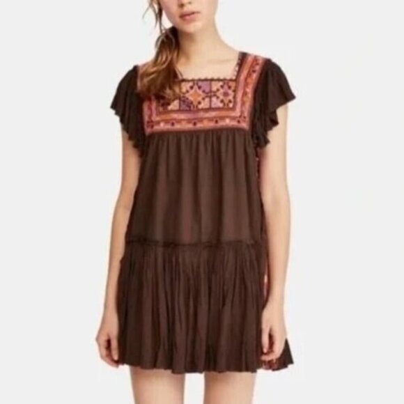 Free People Day Glow Mini Dress Size Small Boho Embroidered Raw Edge Open Back - Picture 2 of 16
